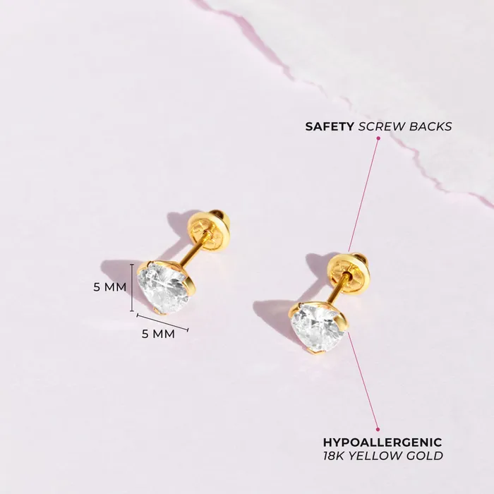 18k Gold Birthstone CZ Heart Baby Toddler Kids Earrings Safety Screw Back Baby Screw Back Earrings Earrings