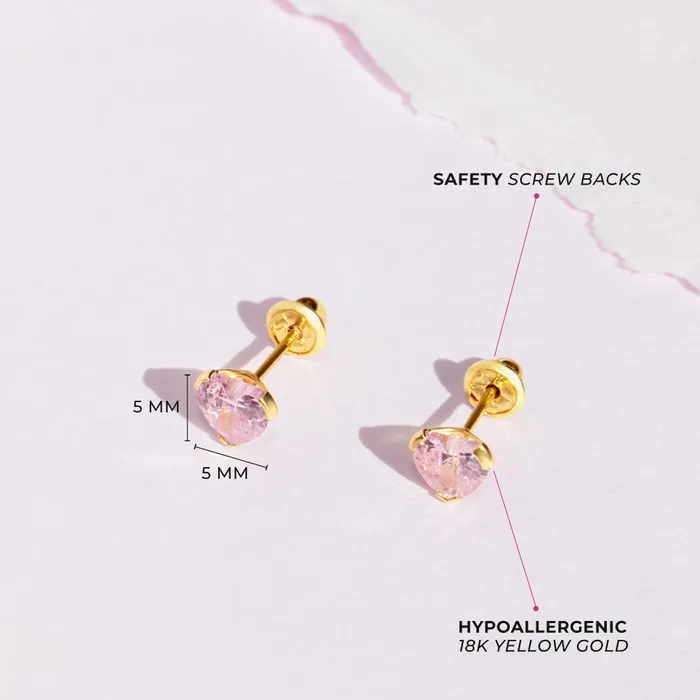 18k Gold Birthstone CZ Heart Baby Toddler Kids Earrings Safety Screw Back Baby Screw Back Earrings Earrings