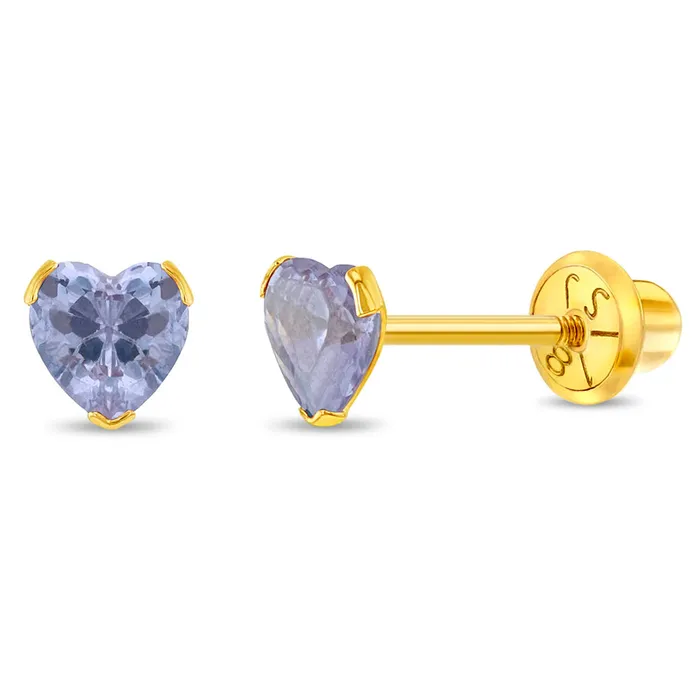 18k Gold Birthstone CZ Heart Baby Toddler Kids Earrings Safety Screw Back Baby Screw Back Earrings Earrings