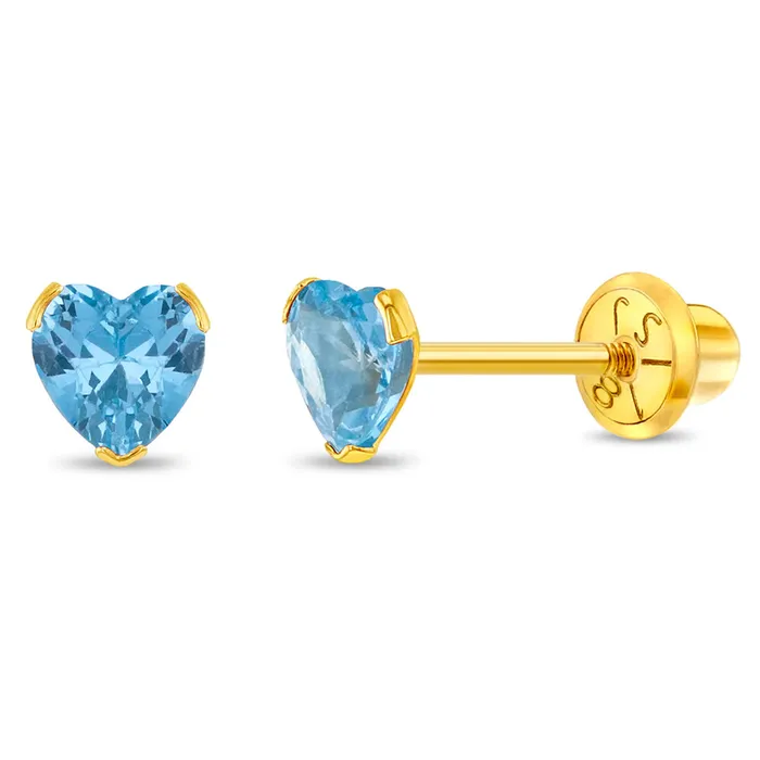 18k Gold Birthstone CZ Heart Baby Toddler Kids Earrings Safety Screw Back Baby Screw Back Earrings Earrings