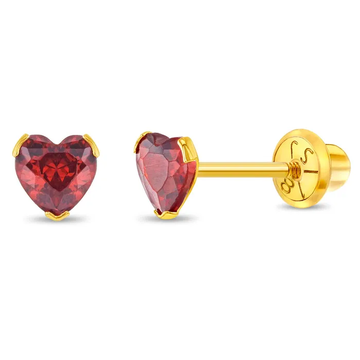18k Gold Birthstone CZ Heart Baby Toddler Kids Earrings Safety Screw Back Baby Screw Back Earrings Earrings