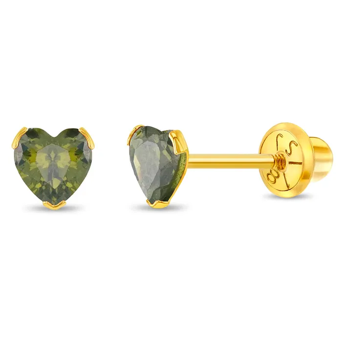 18k Gold Birthstone CZ Heart Baby Toddler Kids Earrings Safety Screw Back Baby Screw Back Earrings Earrings