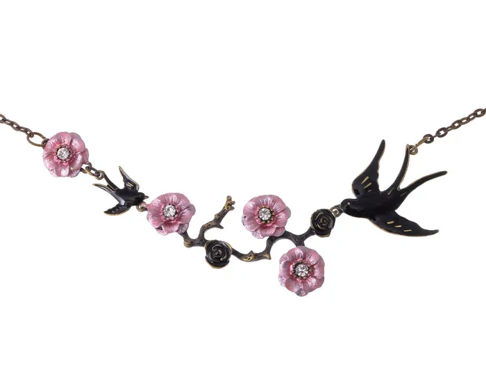 Antique Hand Painted Pink Cherry Blossom Flower Enamel Black Sparrow Birds Necklace Alilang Necklaces Antique Hand Painted Pink Cherry Blossom Flower Enamel Black Sparrow Birds Necklace Alilang Necklaces