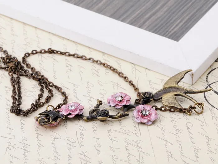 Antique Hand Painted Pink Cherry Blossom Flower Enamel Black Sparrow Birds Necklace Alilang Necklaces Antique Hand Painted Pink Cherry Blossom Flower Enamel Black Sparrow Birds Necklace Alilang Necklaces