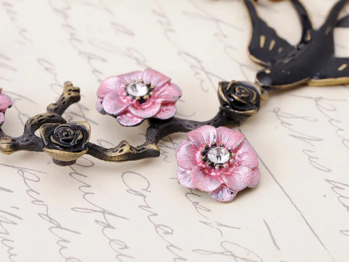 Antique Hand Painted Pink Cherry Blossom Flower Enamel Black Sparrow Birds Necklace Alilang Necklaces Antique Hand Painted Pink Cherry Blossom Flower Enamel Black Sparrow Birds Necklace Alilang Necklaces
