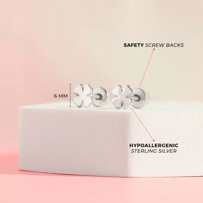 Baby Screw Back Earrings Lucky Clover Kids Childrens Girls Earrings Screw Back Sterling Silver Earrings