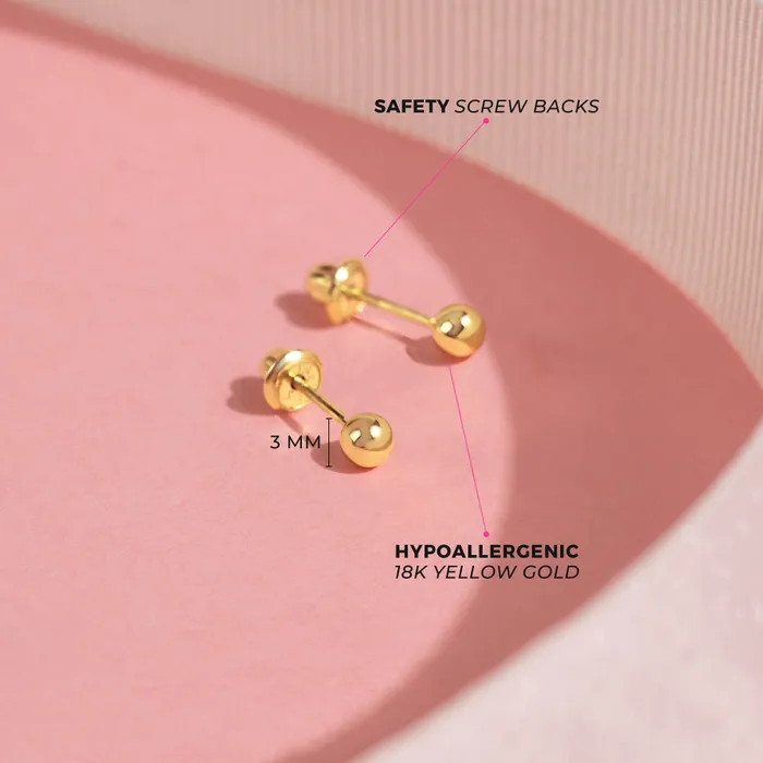 Earrings Baby Screw Back Earrings 18K Gold Classic Ball 35mm Baby Toddler Kids Earrings Safety Screw Back