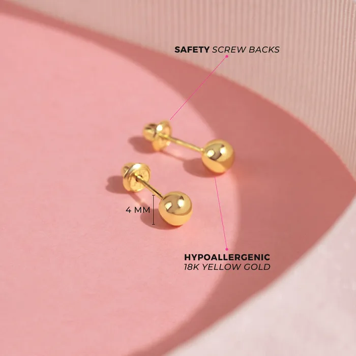 Earrings Baby Screw Back Earrings 18K Gold Classic Ball 35mm Baby Toddler Kids Earrings Safety Screw Back