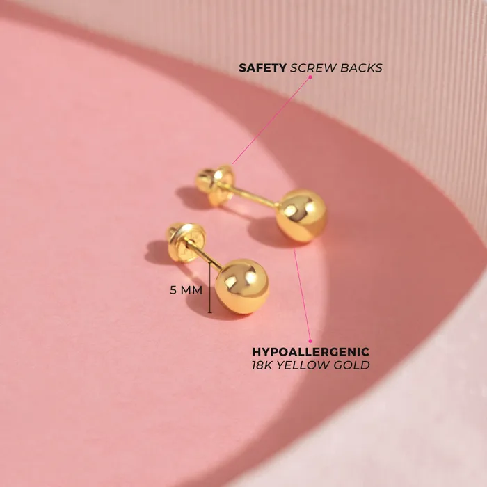 Earrings Baby Screw Back Earrings 18K Gold Classic Ball 35mm Baby Toddler Kids Earrings Safety Screw Back