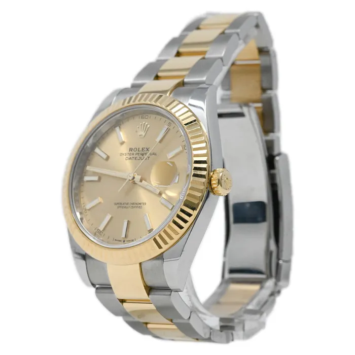 Happy Jewelers Rolex Mens Datejust 41 18K Yellow Gold Steel 41mm Champagne Stick Dial Watch Reference 126333 Earrings