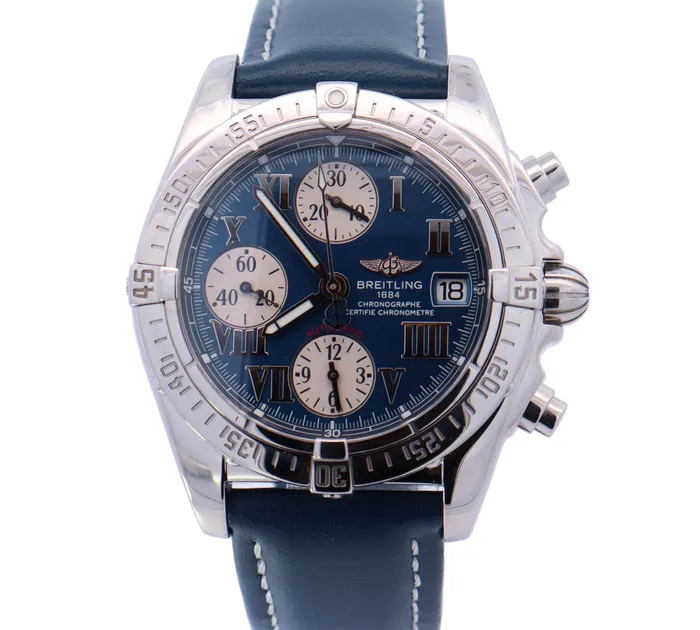 Happy Jewelers Watches Breitling Chrono Cockpit Stainless Steel 395mm Blue Chronograph Dial Watch Reference A13358