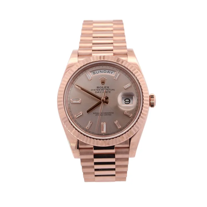 Happy Jewelers Watches Rolex Day Date Rose Gold 40mm Sundust Baguette Index Dial Watch Reference 228235