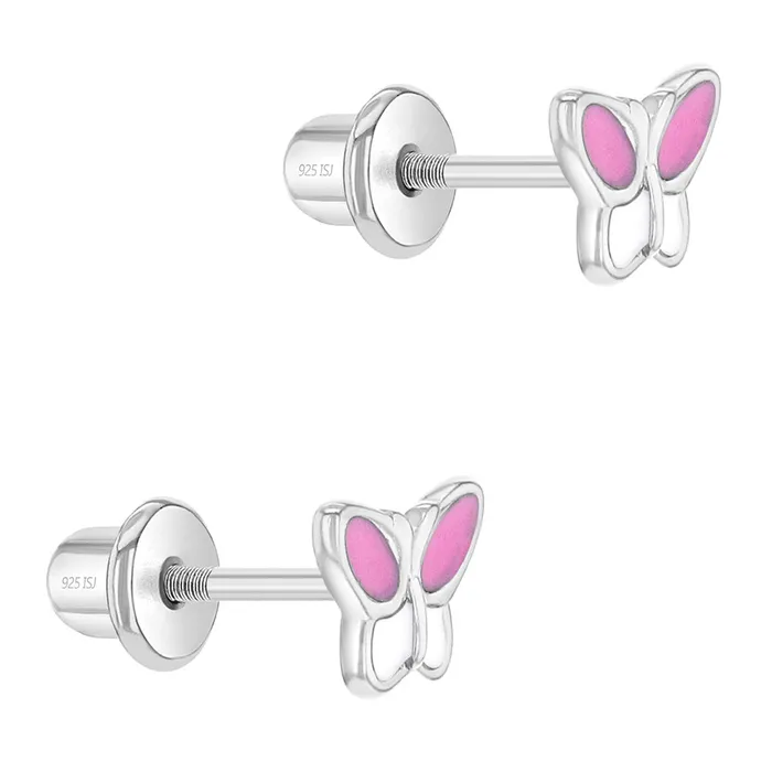 Kids Screw Back Earrings Earrings Simply Butterflies Pink Baby Toddler Kids Earrings Screw Back Enamel Sterling Silver