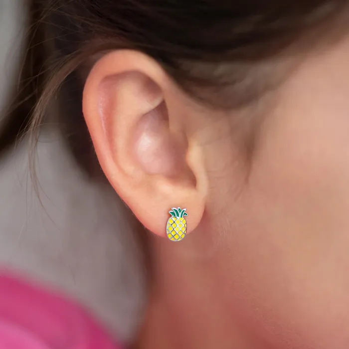 Lucky Pineapple Punch Kids Childrens Girls Earrings Screw Back Enamel Sterling Silver Kids Screw Back Earrings Earrings