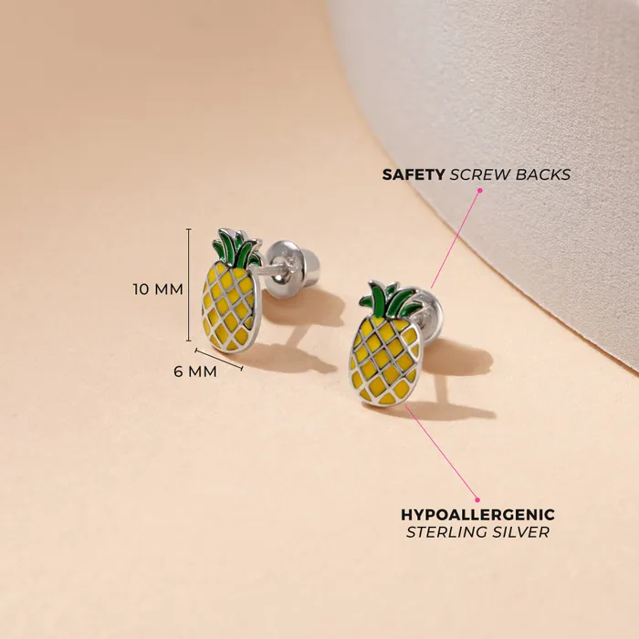 Lucky Pineapple Punch Kids Childrens Girls Earrings Screw Back Enamel Sterling Silver Kids Screw Back Earrings Earrings