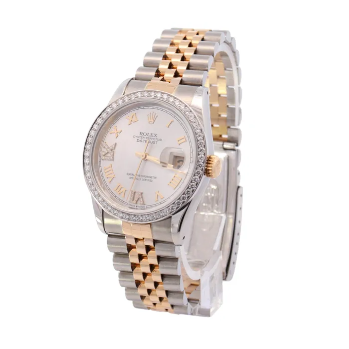 Rolex Datejust Two Tone Yellow Gold Steel 36mm Champagne Stick Dial Watch Reference 16233 Happy Jewelers Rings