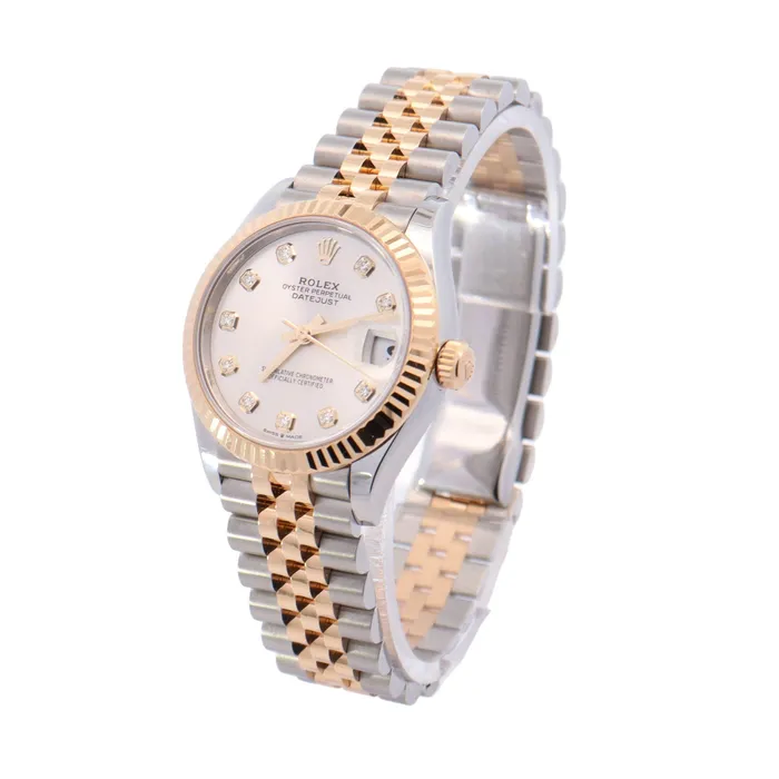 Rolex Datejust Yellow Gold and Stainless Steel 31mm SIlver Diamond Dial Watch Reference 278273 Happy Jewelers Earrings