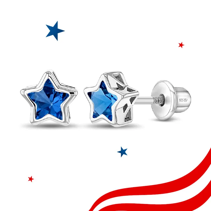 Split Earrings CZ Birthstone Star Simulated Sapphire Kids Childrens Girls Earrings Screw Back Sterling Silver Split Earrings CZ Birthstone Star Simulated Sapphire Kids Childrens Girls Earrings Screw Back Sterling Silver
