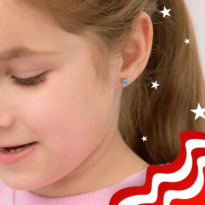 Split Earrings CZ Birthstone Star Simulated Sapphire Kids Childrens Girls Earrings Screw Back Sterling Silver
