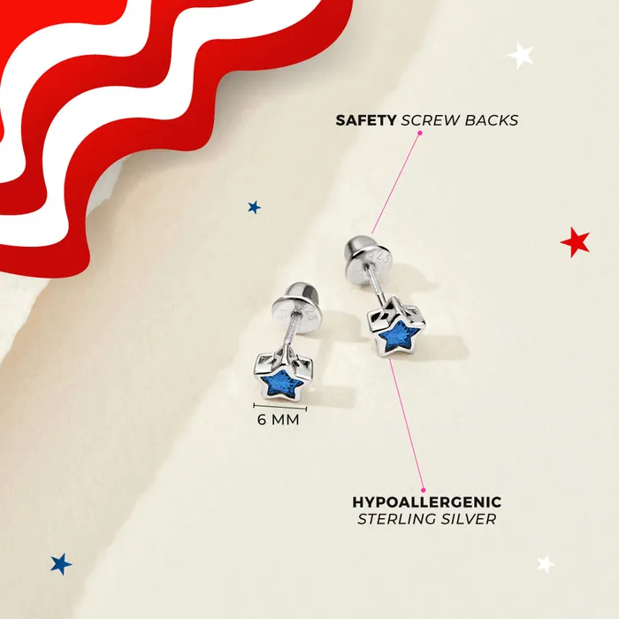 Split Earrings CZ Birthstone Star Simulated Sapphire Kids Childrens Girls Earrings Screw Back Sterling Silver