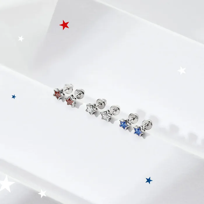 Split Earrings CZ Birthstone Star Simulated Sapphire Kids Childrens Girls Earrings Screw Back Sterling Silver