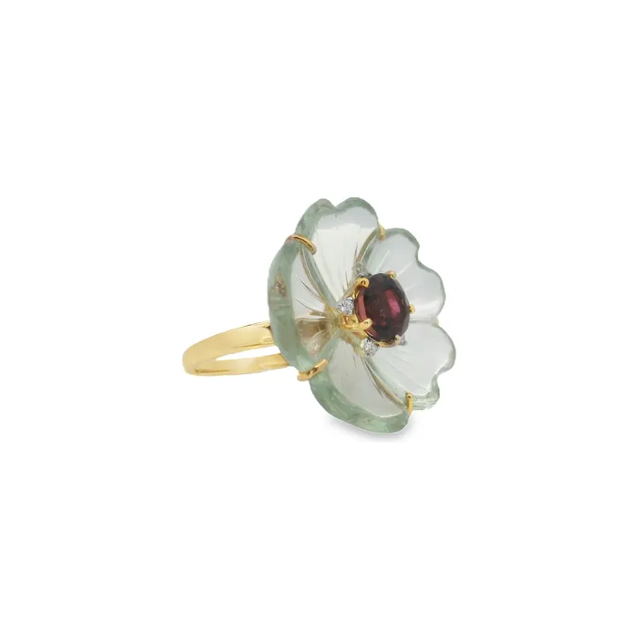 14kt Yellow Gold Tourmaline Carved Green Amethyst Diamond Ring Classic Creations Rings