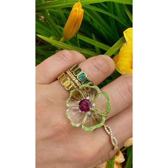 14kt Yellow Gold Tourmaline Carved Green Amethyst Diamond Ring Classic Creations Rings