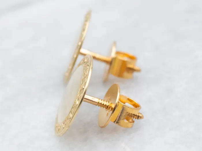 18K Gold Screw Back Stud Earrings with Patterned Frame Market Square Jewelers Earrings