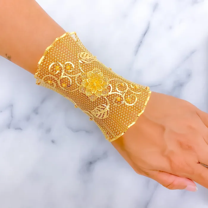 Andaaz Jewelers Bracelets Decadent Netted Floral Vine 21K Gold Bangle Bracelet