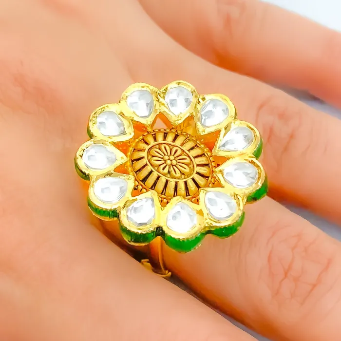 Andaaz Jewelers Classy Antique Floral Kundan 22k Gold Ring Rings