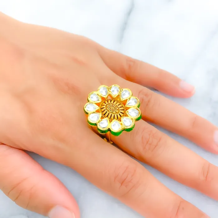 Andaaz Jewelers Classy Antique Floral Kundan 22k Gold Ring Rings