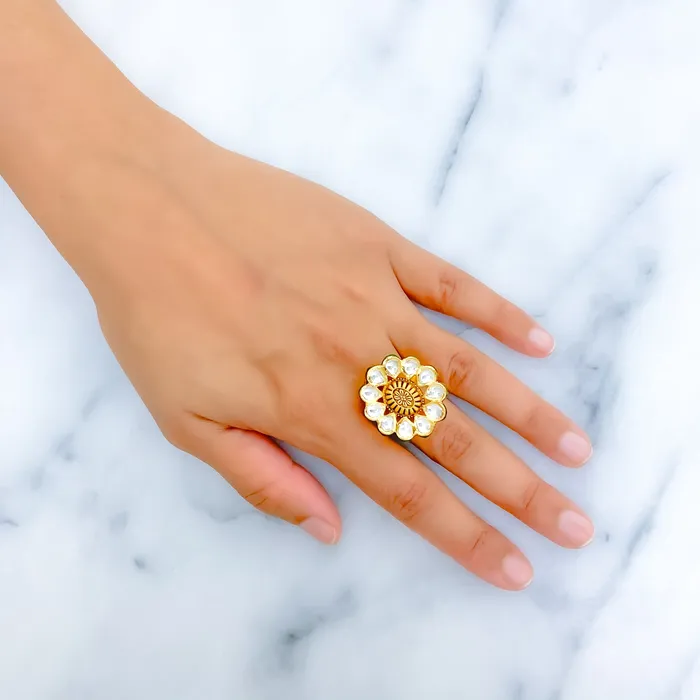 Andaaz Jewelers Classy Antique Floral Kundan 22k Gold Ring Rings