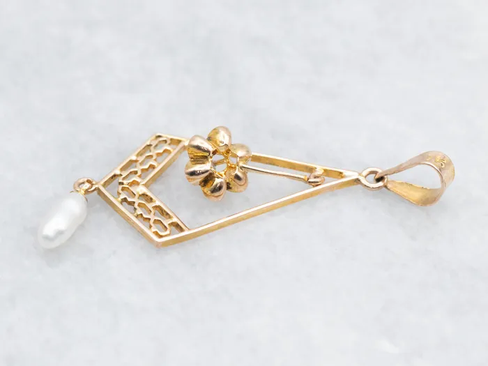 Antique Old Mine Cut Diamond and Pearl Drop Lavalier Pendant Market Square Jewelers Necklaces