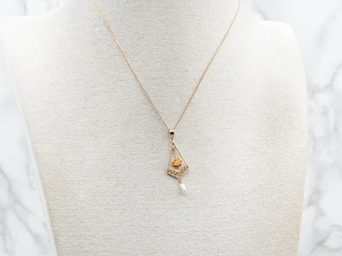 Antique Old Mine Cut Diamond and Pearl Drop Lavalier Pendant Market Square Jewelers Necklaces