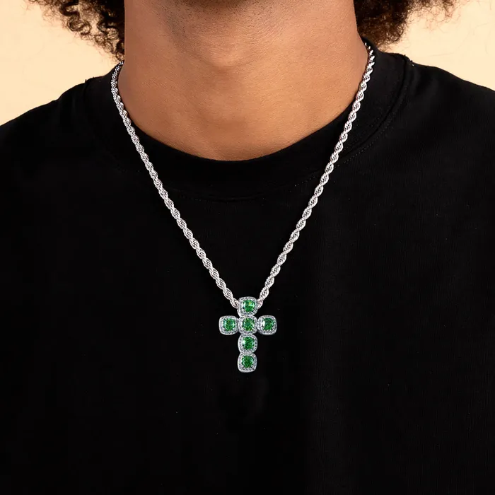 aporro Necklaces Radiant Cut Clustered Cross Pendant Fancy Green
