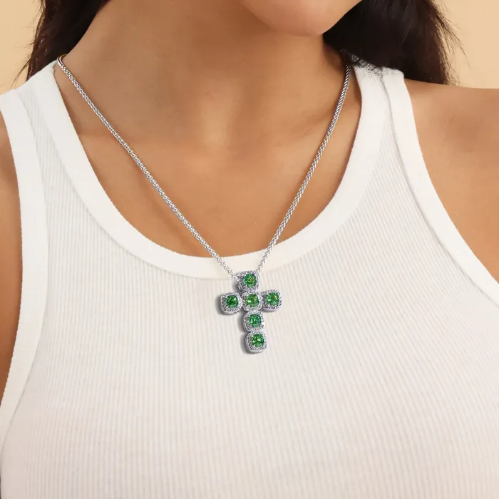 aporro Necklaces Radiant Cut Clustered Cross Pendant Fancy Green