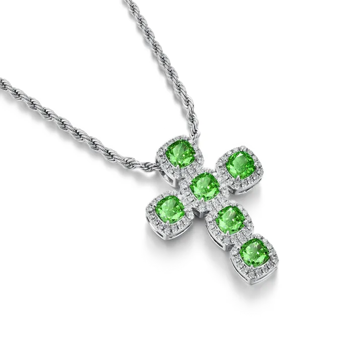 aporro Necklaces Radiant Cut Clustered Cross Pendant Fancy Green