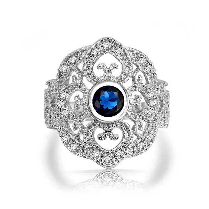 BlingJewelry Wholesale Boho Vintage Blue CZ Filigree Cocktail Statement Ring Silver Plated Brass Rings