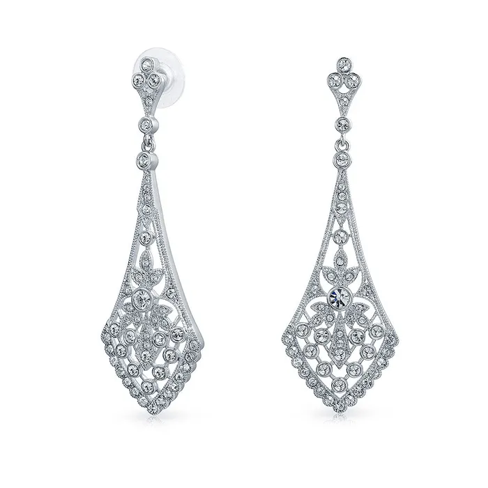 BlingJewelry Wholesale Earrings Art Deco Fan Teardrop Crystal Dangle Chandelier Earrings Silver Plated Brass BlingJewelry Wholesale Earrings Art Deco Fan Teardrop Crystal Dangle Chandelier Earrings Silver Plated Brass