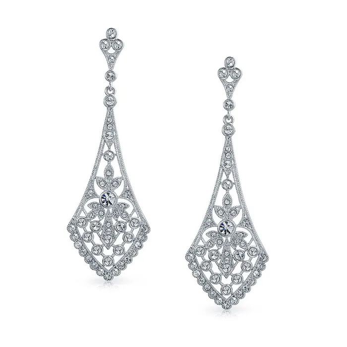 BlingJewelry Wholesale Earrings Art Deco Fan Teardrop Crystal Dangle Chandelier Earrings Silver Plated Brass BlingJewelry Wholesale Earrings Art Deco Fan Teardrop Crystal Dangle Chandelier Earrings Silver Plated Brass