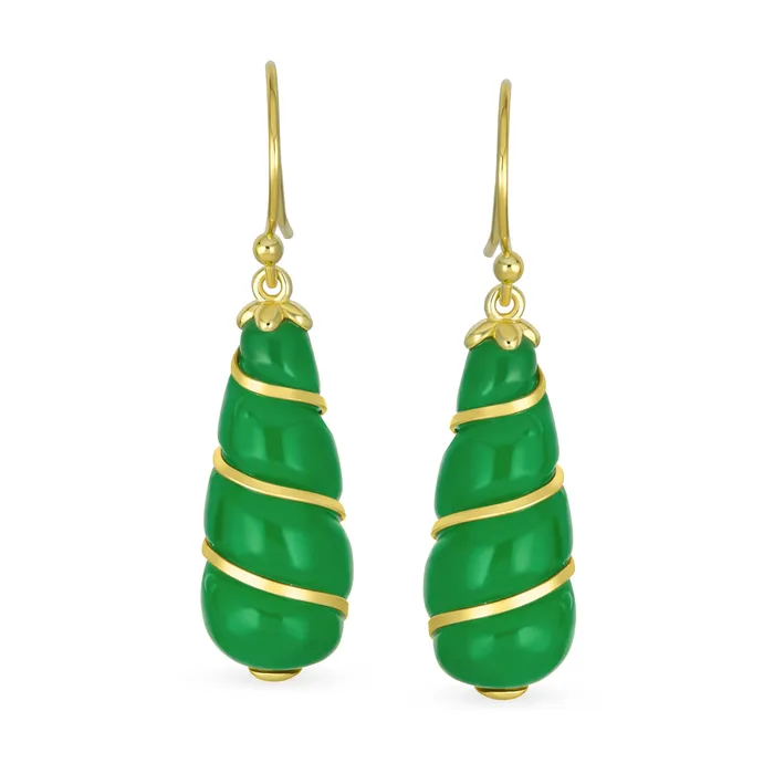 BlingJewelry Wholesale Earrings Classic Green Jade Teardrop Dangle Gemstone Earrings 14K Gold Silver Hook