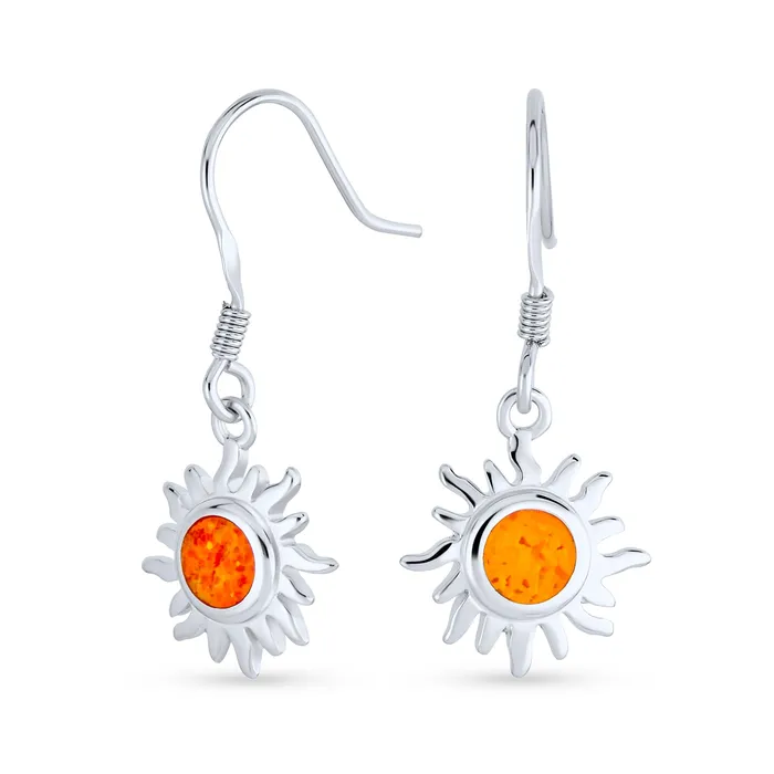 BlingJewelry Wholesale Earrings Irradiance GreenOrange Opal Sunburst Dangle Gemstone Earrings Sterling Silver