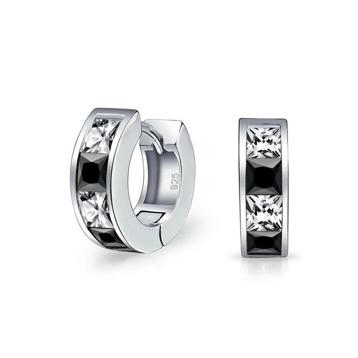 BlingJewelry Wholesale Earrings Small Square Black White CZ Hoop Earrings Princess Cut Sterling Silver Men BlingJewelry Wholesale Earrings Small Square Black White CZ Hoop Earrings Princess Cut Sterling Silver Men