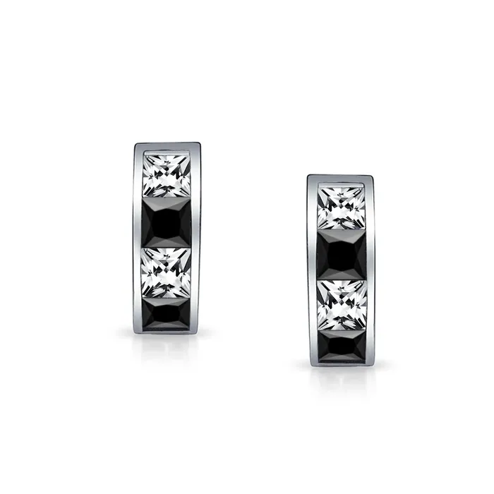 BlingJewelry Wholesale Earrings Small Square Black White CZ Hoop Earrings Princess Cut Sterling Silver Men BlingJewelry Wholesale Earrings Small Square Black White CZ Hoop Earrings Princess Cut Sterling Silver Men