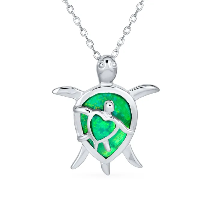 BlingJewelry Wholesale Necklaces Nautical Opal Inlay Green Heart Sea Turtle Pendant Necklace in Sterling Silver BlingJewelry Wholesale Necklaces Nautical Opal Inlay Green Heart Sea Turtle Pendant Necklace in Sterling Silver