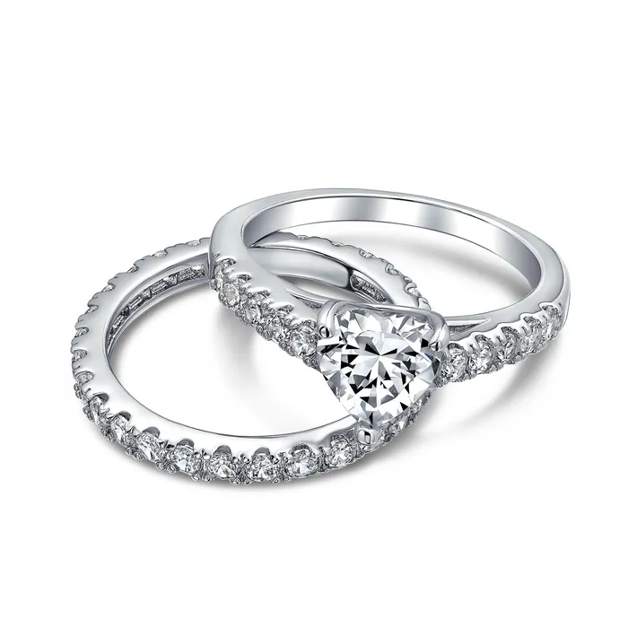 BlingJewelry Wholesale Rings Cocktail Statement Ring 1CT CZ Heart Shaped Anniversary Wedding Engagement Band Set