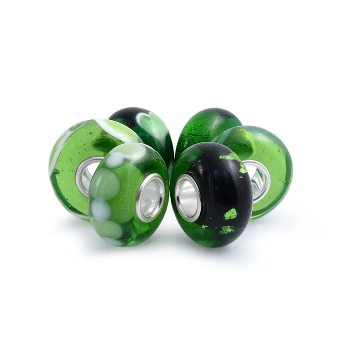 BlingJewelry Wholesale Rings Mixed Set Sterling Silver Core Dark Green Floral Murano Glass Charm Bead Spacer