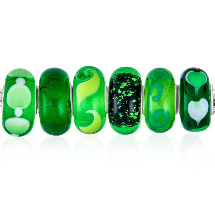 BlingJewelry Wholesale Rings Mixed Set Sterling Silver Core Dark Green Floral Murano Glass Charm Bead Spacer