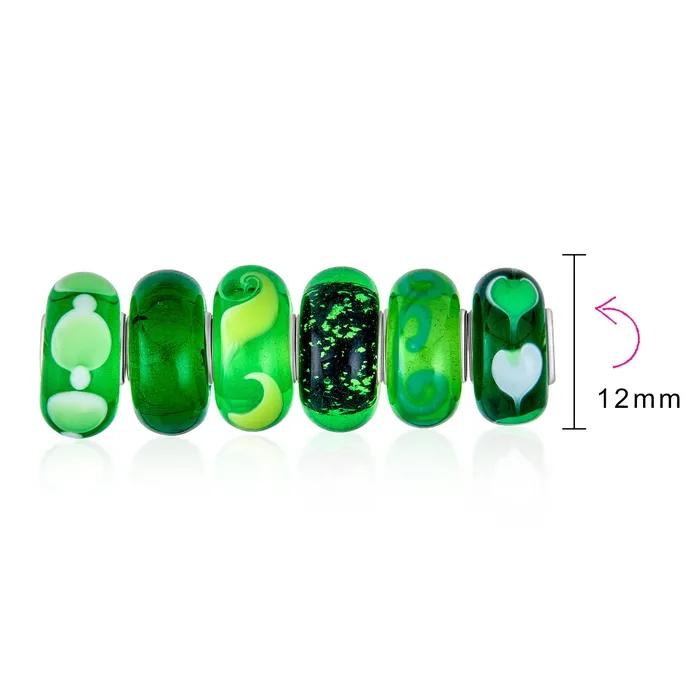BlingJewelry Wholesale Rings Mixed Set Sterling Silver Core Dark Green Floral Murano Glass Charm Bead Spacer