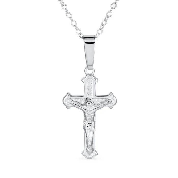 BlingJewelry Wholesale Simple Christian Catholic Pendant Necklace with Jesus Crucifix Cross Sterling Silver Chain Necklaces